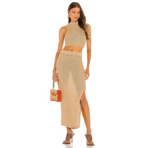 Camila Coelho Cleo Knit Set; Sleeveless Crop Top & Maxi Skirt Gold Flax Womens M